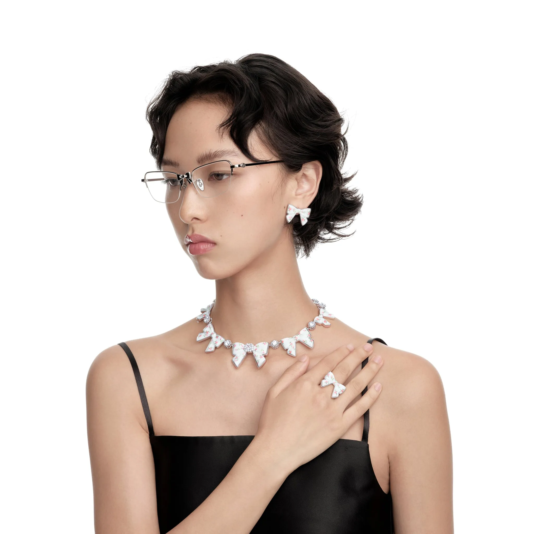 CERAMICS BOWKNOT ZIRCON NECKLACE / PINK&GREEN