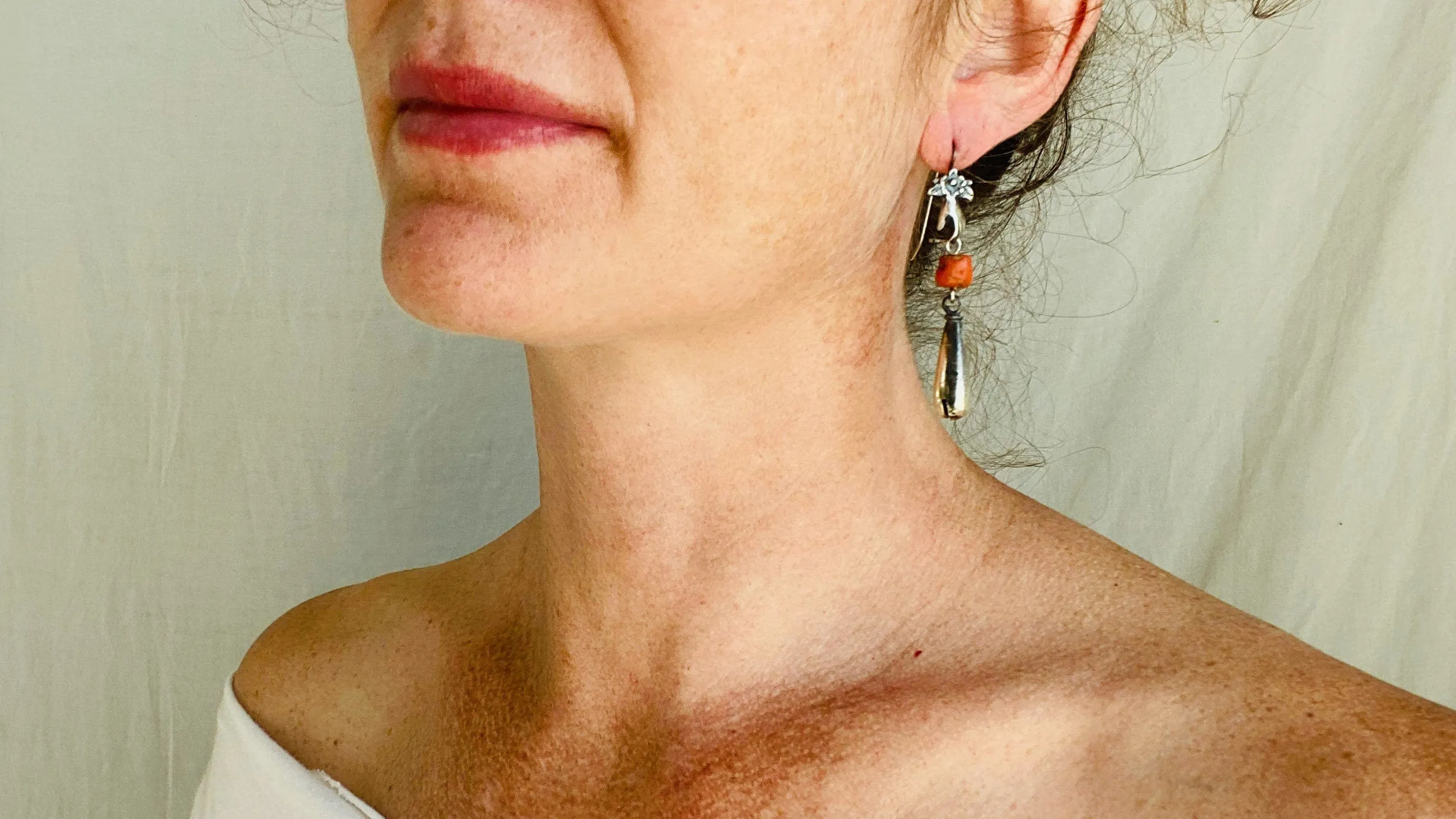 Coral and Sterling Silver Earrings. Cast Hand and Monte Alban Bells.