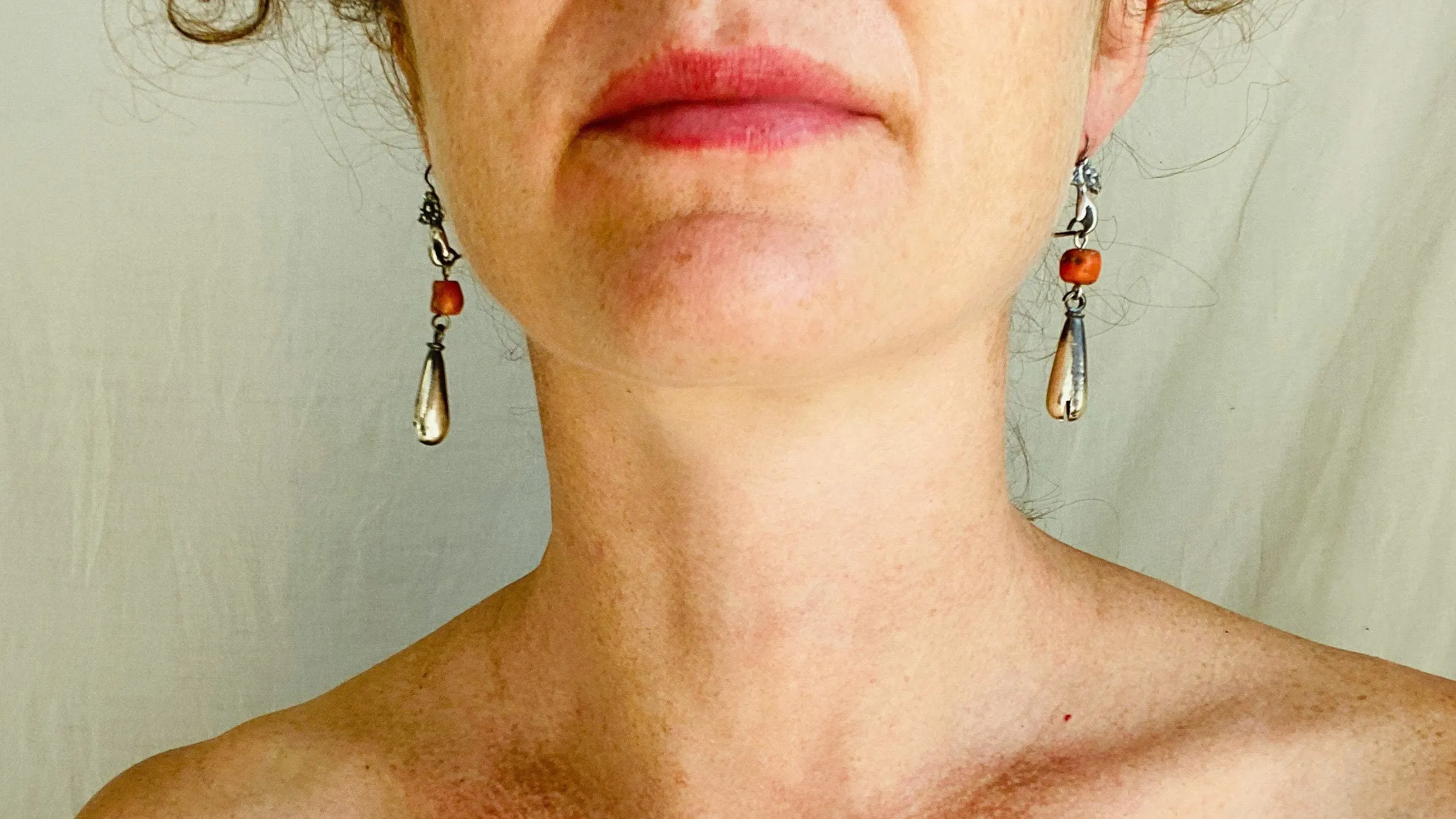 Coral and Sterling Silver Earrings. Cast Hand and Monte Alban Bells.