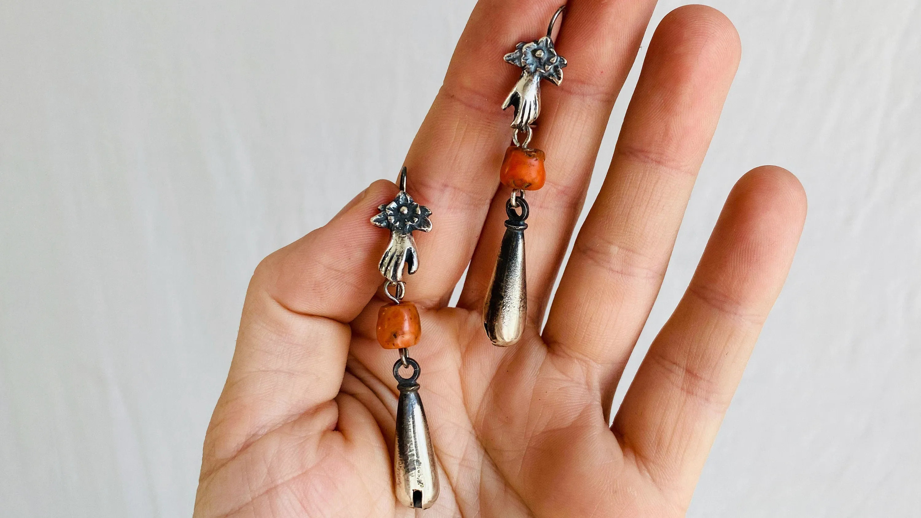 Coral and Sterling Silver Earrings. Cast Hand and Monte Alban Bells.