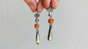 Coral and Sterling Silver Earrings. Cast Hand and Monte Alban Bells.