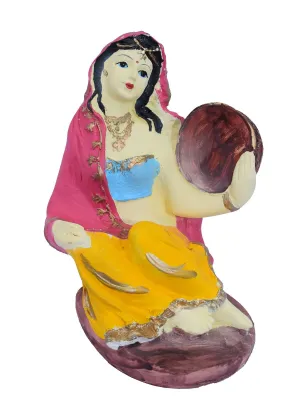 GW Creations Traditional Standard Size Rajasthani Woman Playing Dafli Showpiece Matte Finishing Statue for Home Interior Decor Multicolored (12 * 10 * 19 cm)