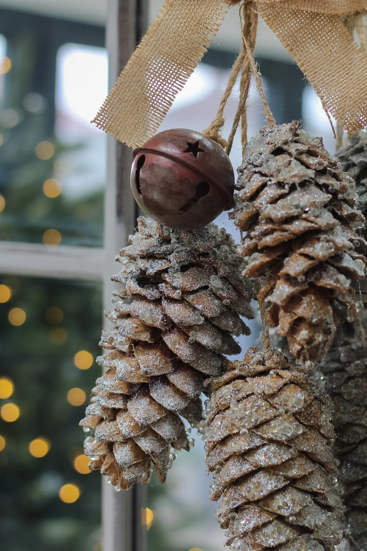 Hanging Pinecones and Rustic Bell with Hessian Bow