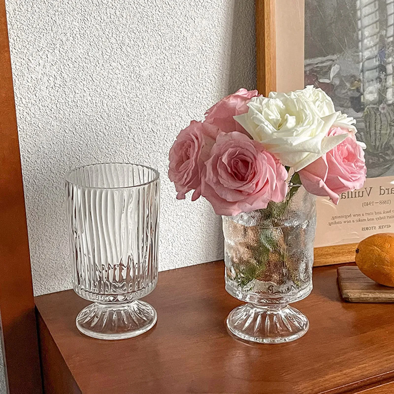 Large Clear Pedestal Vases for Centerpieces, Hewory 7.1in Crystal Glass Ribbed Footed Flower Vase, Fluted Wide Unique Decorative Vase for Wedding Birthday Anniversary Events Table Decor, Line