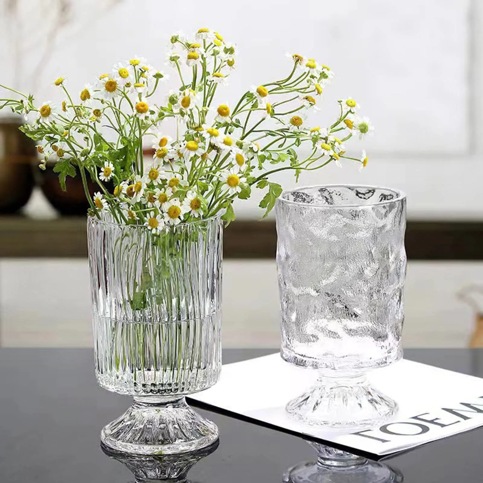 Large Clear Pedestal Vases for Centerpieces, Hewory 7.1in Crystal Glass Ribbed Footed Flower Vase, Fluted Wide Unique Decorative Vase for Wedding Birthday Anniversary Events Table Decor, Line
